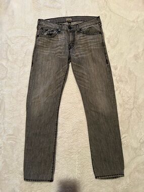 True Religion Men's Black/Grey Straight Jeans with Faded Finish